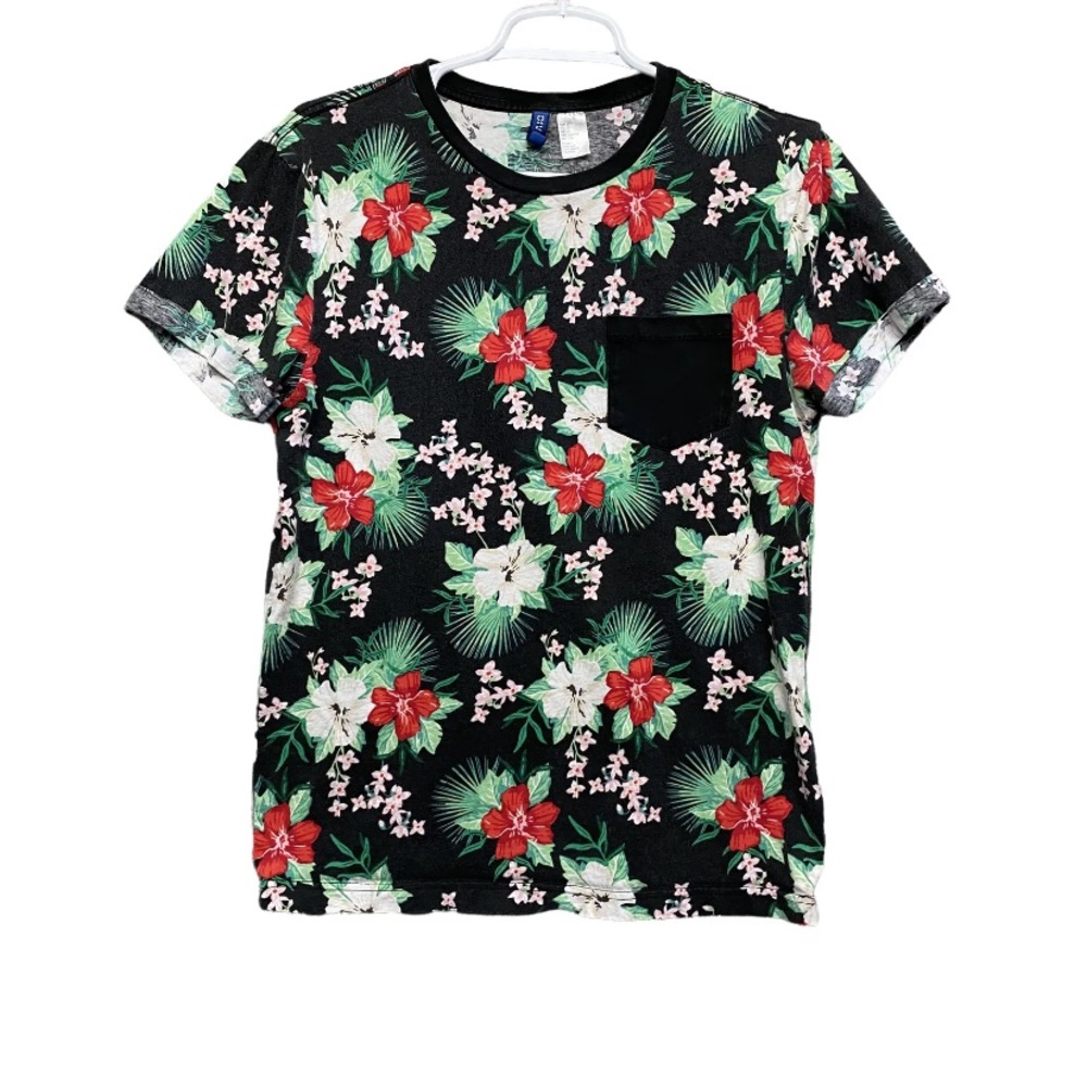 H&M Divided Mens Multicolor Cotton Tropical Floral Cuffed Sleeve T Shirt Size S